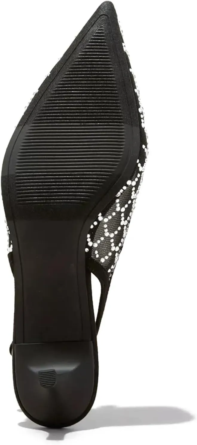 USIMAD Women's Embellished Slingback Kitten Heels with Pointy Toe Mesh Upper Rhinestone Studed
