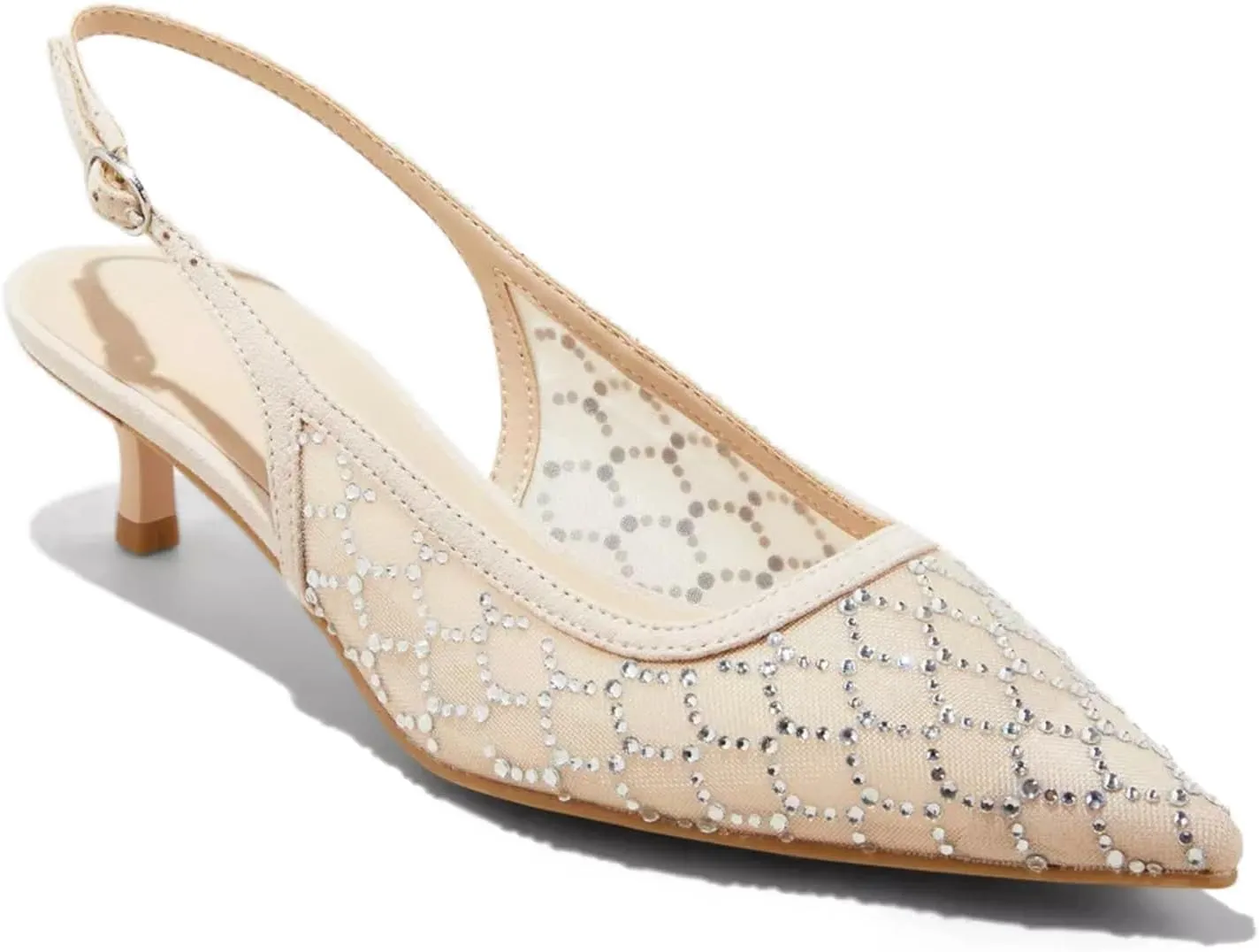 USIMAD Women's Embellished Slingback Kitten Heels with Pointy Toe Mesh Upper Rhinestone Studed