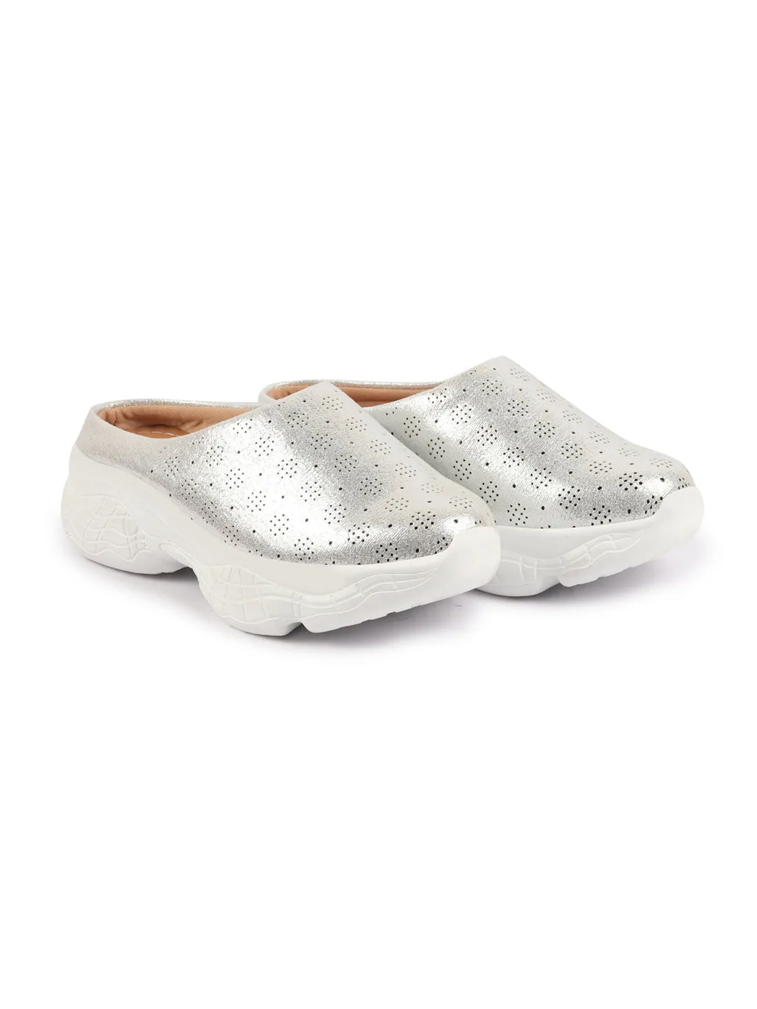Women Silver Back Open Classic Design Slip On Mules Shoes