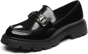 Women's Chunky Platform Loafers with Chain or Buckle Patent Leather Black Penny Loafers Fashion Office Shoes School Dress Shoes Comfort Slip-on