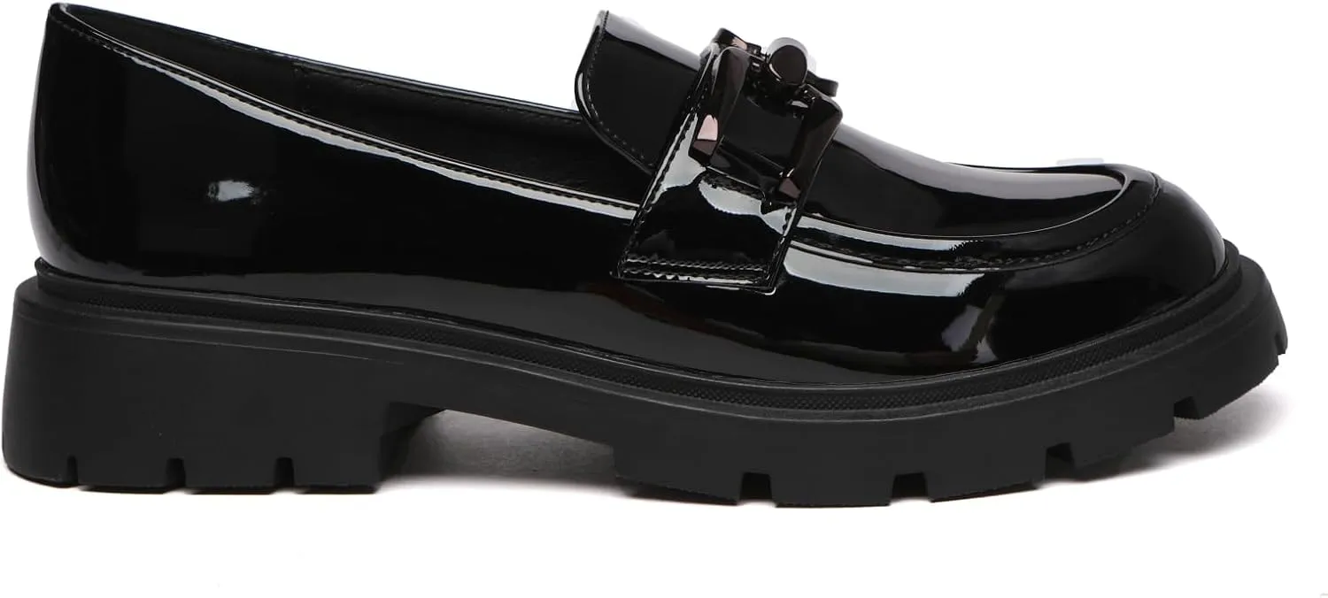 Women's Chunky Platform Loafers with Chain or Buckle Patent Leather Black Penny Loafers Fashion Office Shoes School Dress Shoes Comfort Slip-on