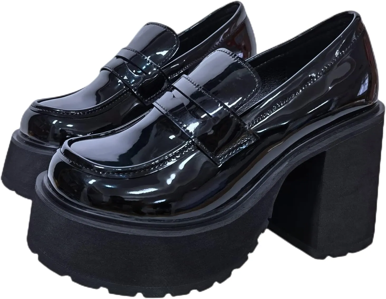 Women's Comfortable Block Slip on Chunky Loafers Pumps, Kawaii Casual High Heels Platform Loafers Shoes, Classic Lug Sole Heeled Penny Loafers