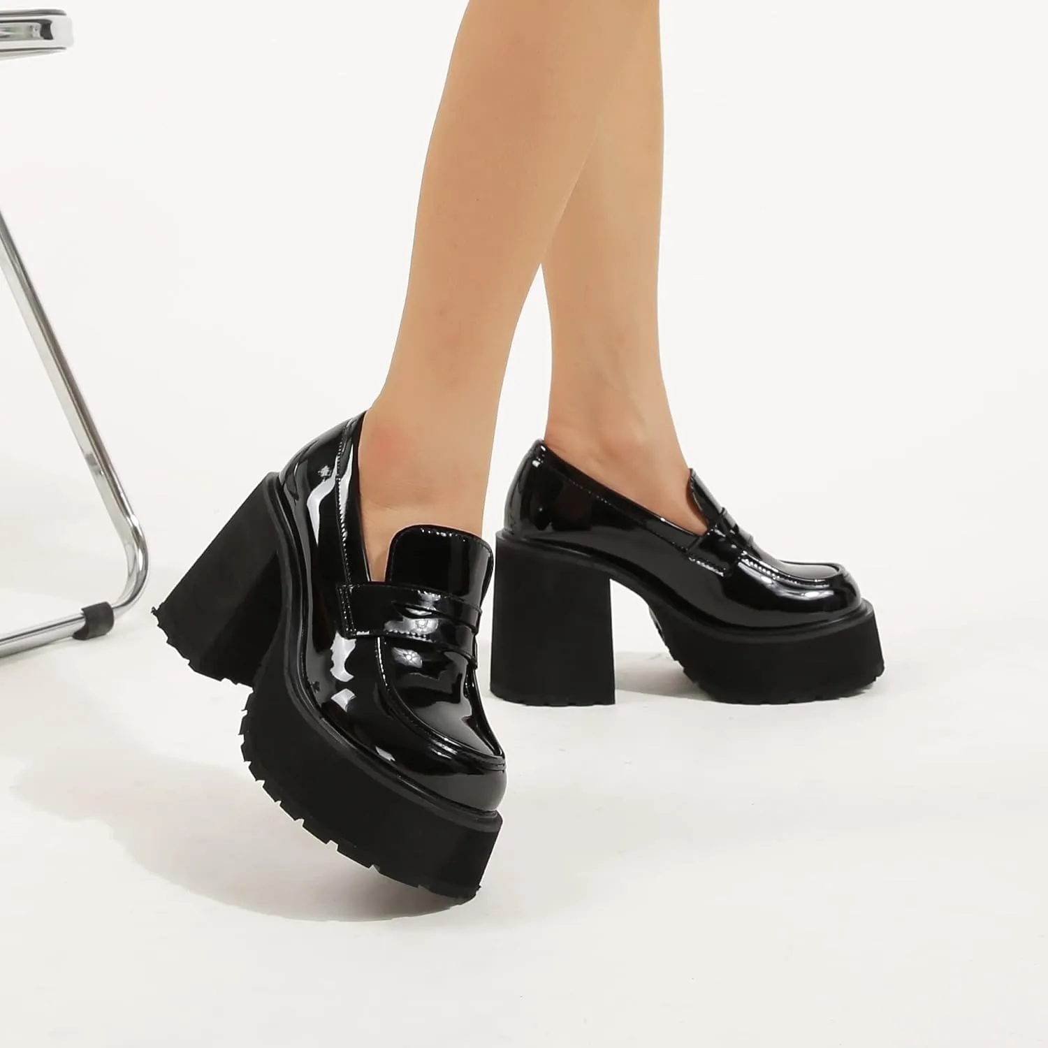 Women's Comfortable Block Slip on Chunky Loafers Pumps, Kawaii Casual High Heels Platform Loafers Shoes, Classic Lug Sole Heeled Penny Loafers