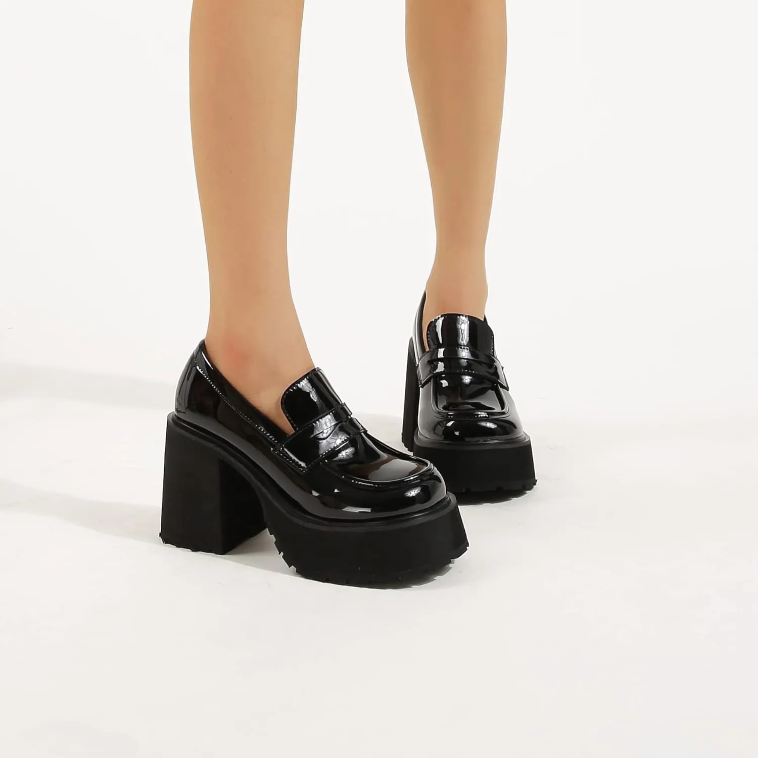 Women's Comfortable Block Slip on Chunky Loafers Pumps, Kawaii Casual High Heels Platform Loafers Shoes, Classic Lug Sole Heeled Penny Loafers