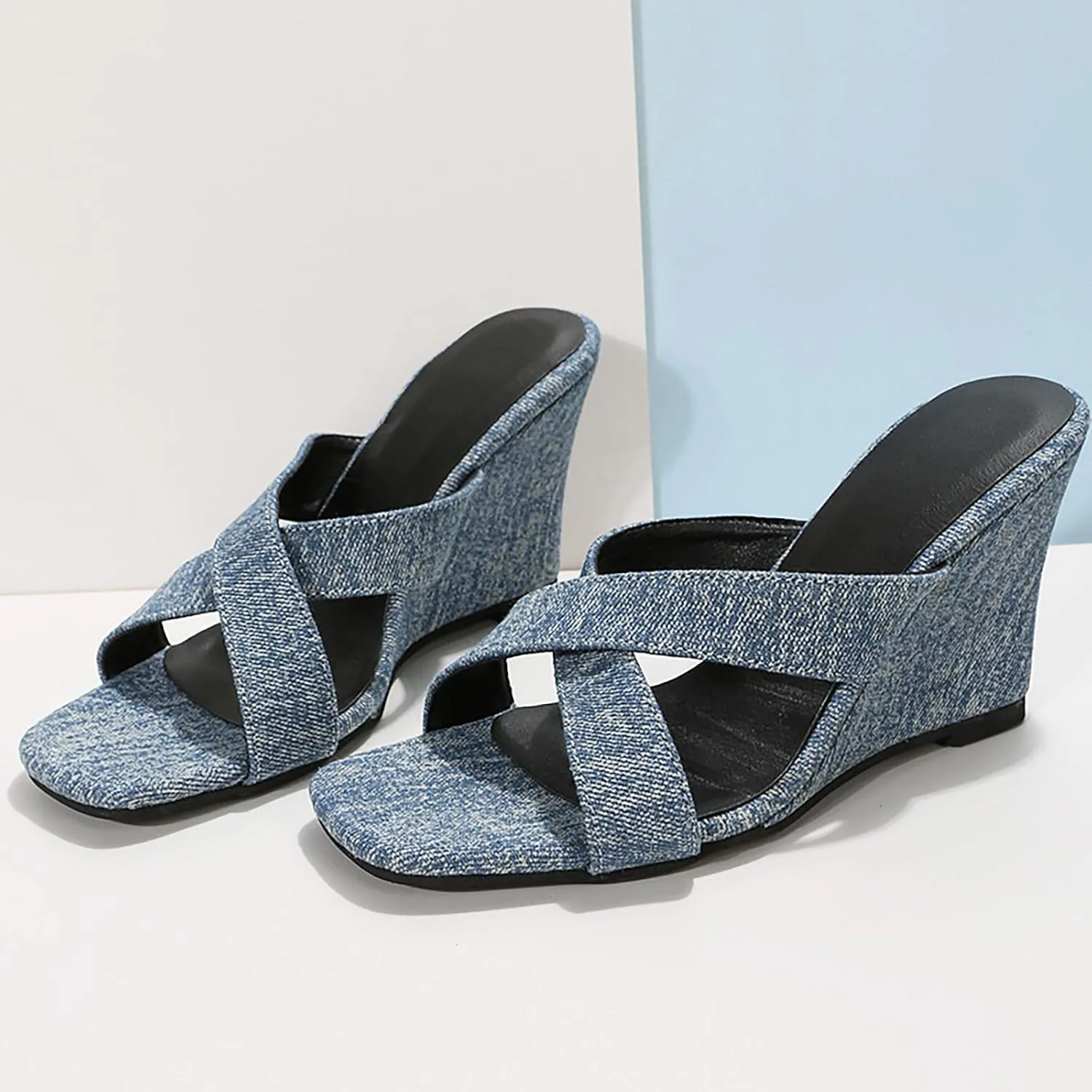 Womens Platform Wedge Sandals Comfortable Flip Flops with Arch Support Open Toe Slip On Summer Mule High Heels Bohemian Cozy Breathable 2023 New lightweight canvas waterproof loafers D23-Black
