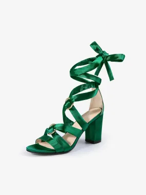 Women's Satin Round Toe Lace-Up Block Heel Sandals