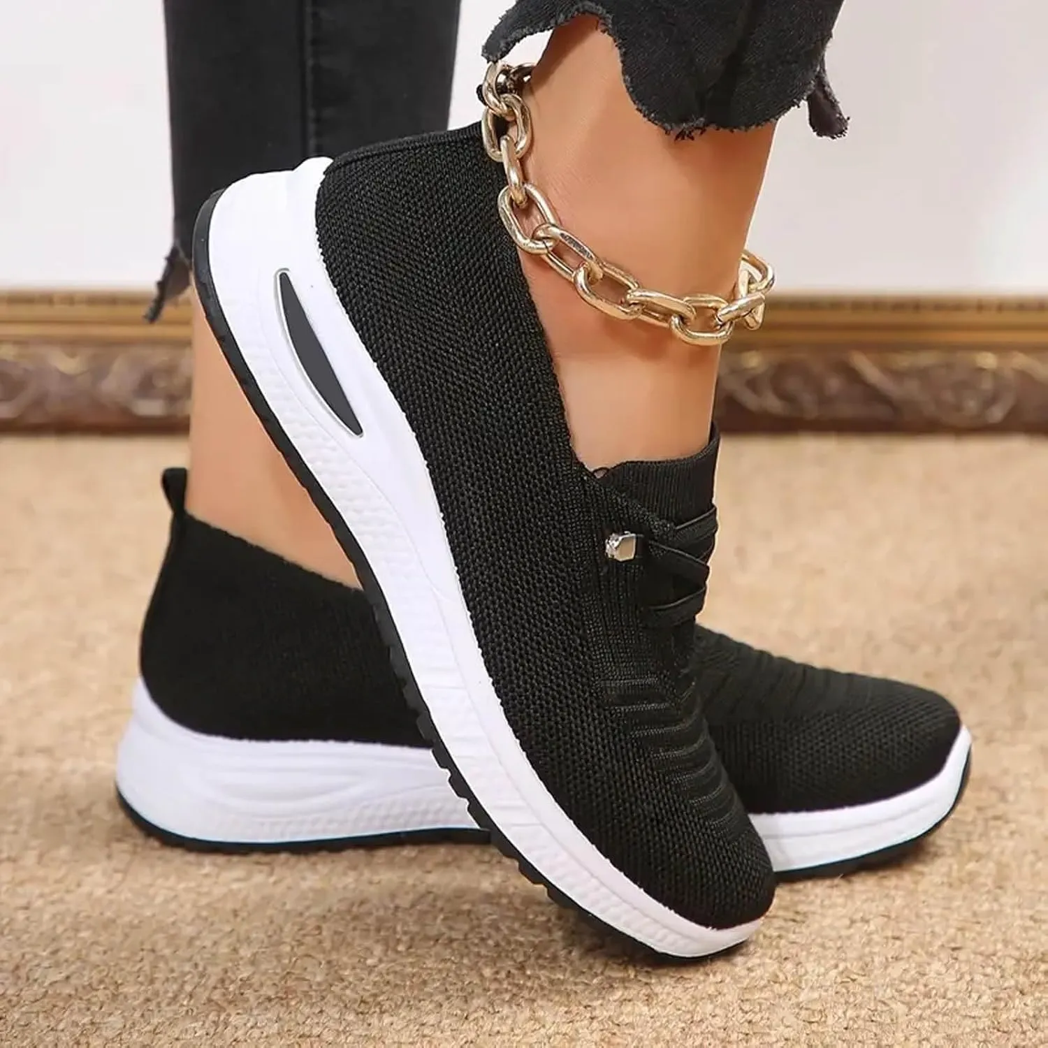 Women's Slip On Orthopedic Sneakers Comfy Breathable Walking Shoes Memory Foam Non-Slip Sneakers Lightweight Wide Width Shoes Mesh Woven Sneaker Summer Running Footwear with Arch Support